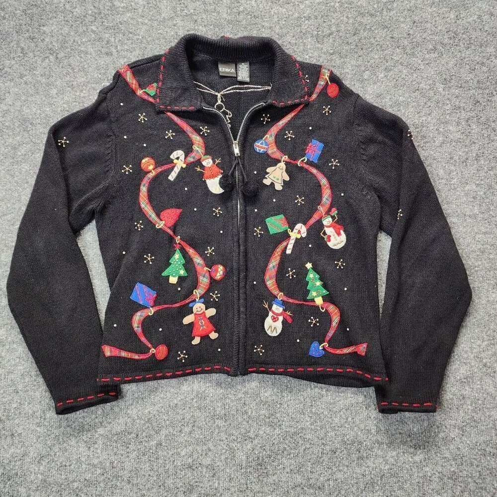 ERIKA Women Knit Sweater Jacket XL Black Embroidered Ugly Sweater Snowman Winter